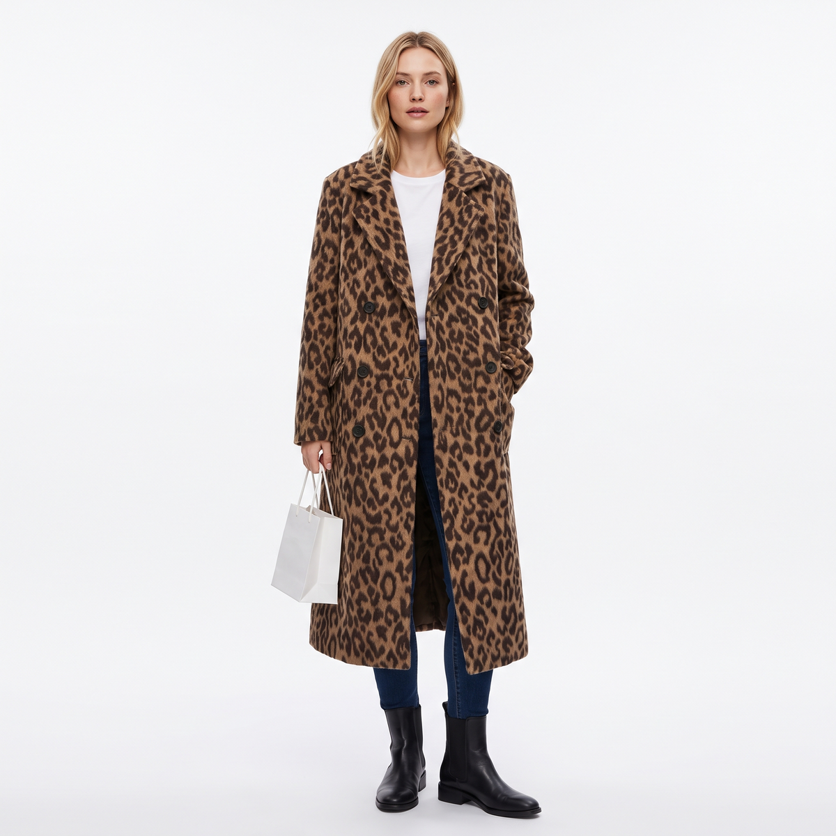 Women's Double-Breasted Leopard Print Wool Blend Trenchcoat