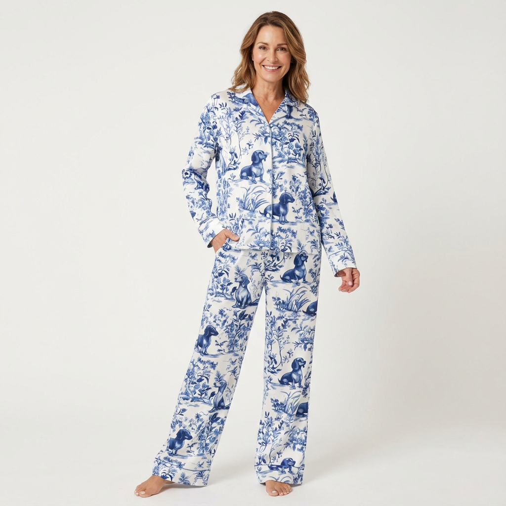 Blue Toile Dachshund Women's Pajama Set VIP