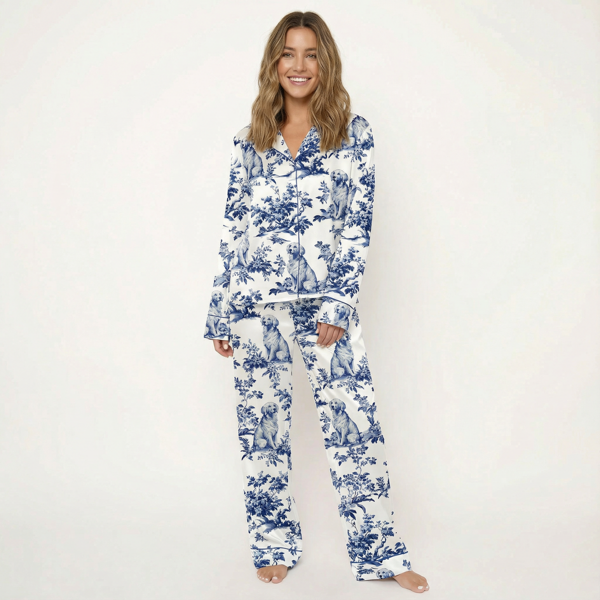 Blue Toile Golden Retriever Women's Pajama Set