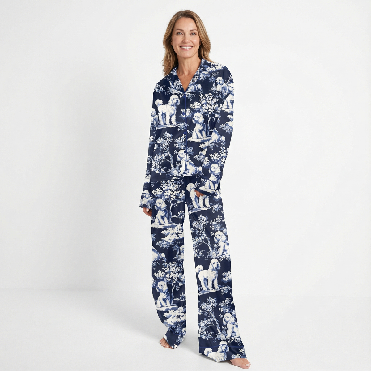 Blue Toile Poodle Women's Pajama Set VIP