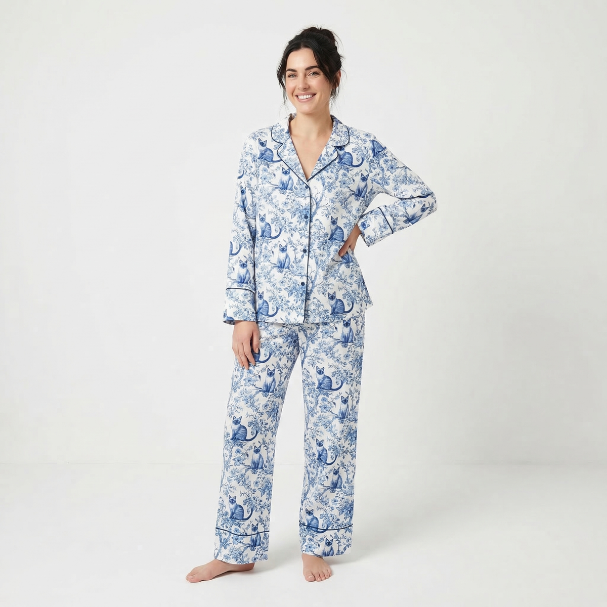 Blue Toile Siamese Cat Women's Pajama Set VIP