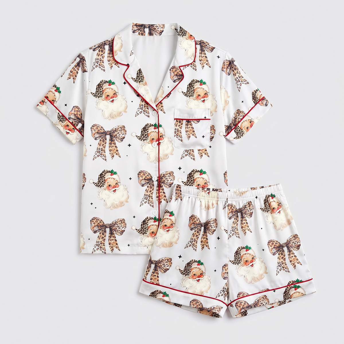 Leopard Bow Santa Christmas Women's Pajama Set