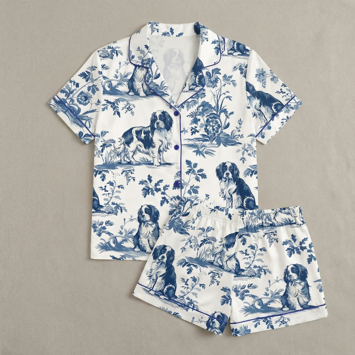 Blue Toile King Charles Cavalier Women's Pajama Set VIP