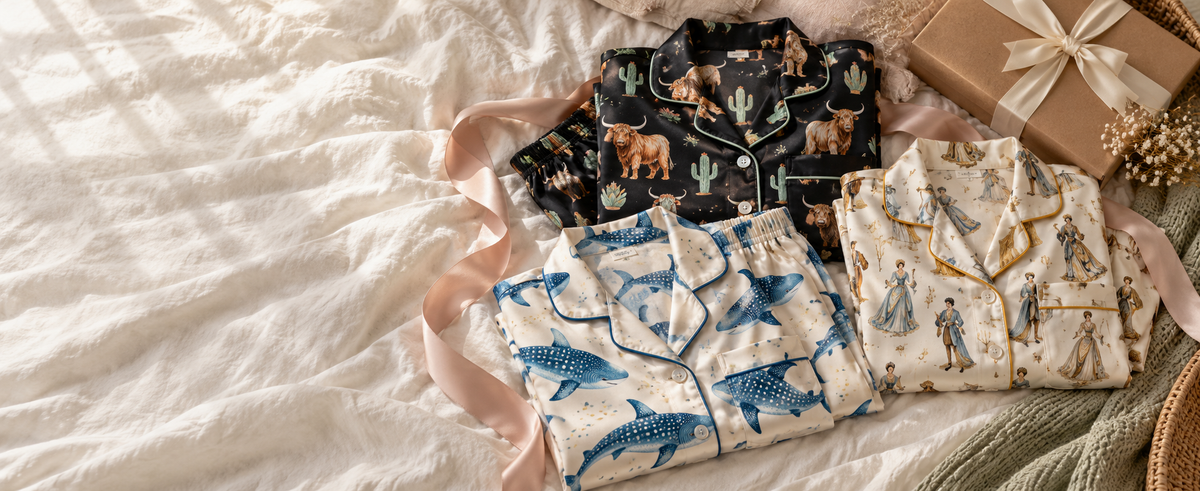 Printed pajamas styled with ribbon for a thoughtful gift
