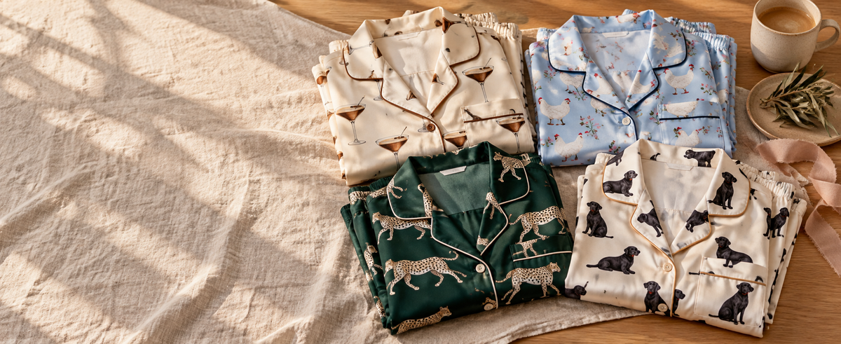 A collection of folded pajamas in playful animal and cocktail prints